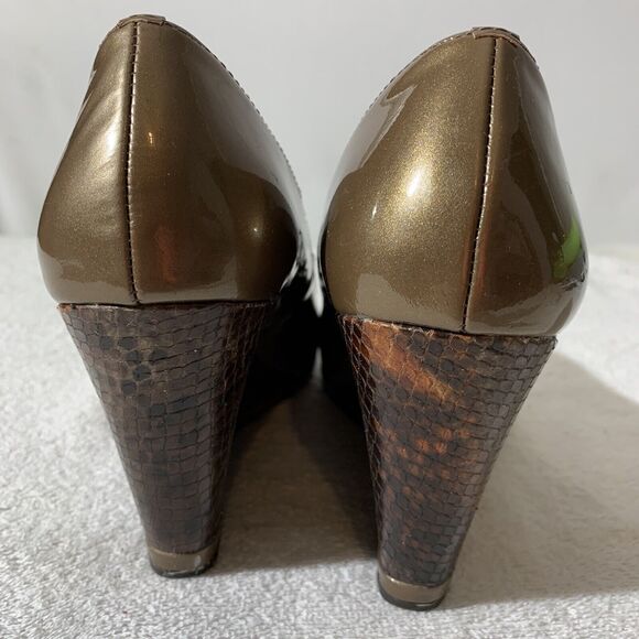 Donald J Pliner Habiki Peep Toe Wedges Snake Print Gold Women’s 9.5 Bronze - Picture 7 of 9